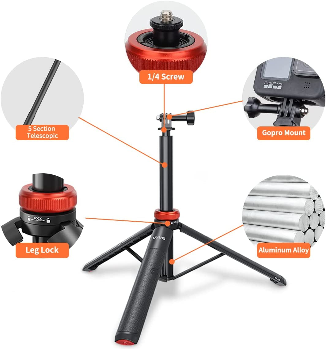 Uurig Telescopic Selfie Stick Long with Tripod, Waterproof Hand Grip, for Insta360 Gopro Hero 10 9 8 7 6 5 4 3 2, Fusion, Max, Session, AKASO, SJCAM, DJI OSMO Action Cameras  VRIG Select   