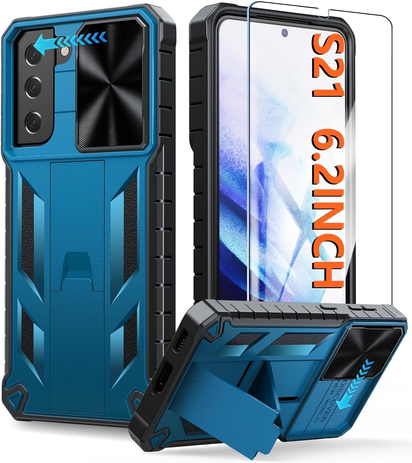 FNTCASE for Samsung Galaxy S21 Case: Heavy Duty Shockproof Phone Cover with Kickstand | Durable Protective Shockproof Cases Rugged Military Grade Drop Proof Protection 6.2" Matte Shell Black  FNTCASE Blue  