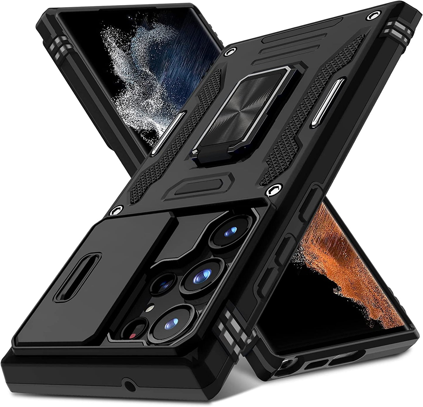 DEERLAMN for Samsung Galaxy S22 Ultra Case with Slide Camera Cover,Built-In Rotated Ring Kickstand [Full Camera Protection] [Military Grade] Heavy Duty Shockproof Protective Case Cover-Black  DEERLAMN   