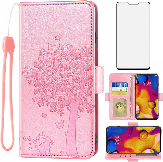 Asuwish Compatible with LG V40 Thinq Wallet Case and Tempered Glass Screen Protector Flip Wrist Strap Card Holder Cell Phone Cover for LGV40 Storm V 40 Thin Q V40Thinq LG40 40V 40Thinq Women Rose Gold  Asuwish   