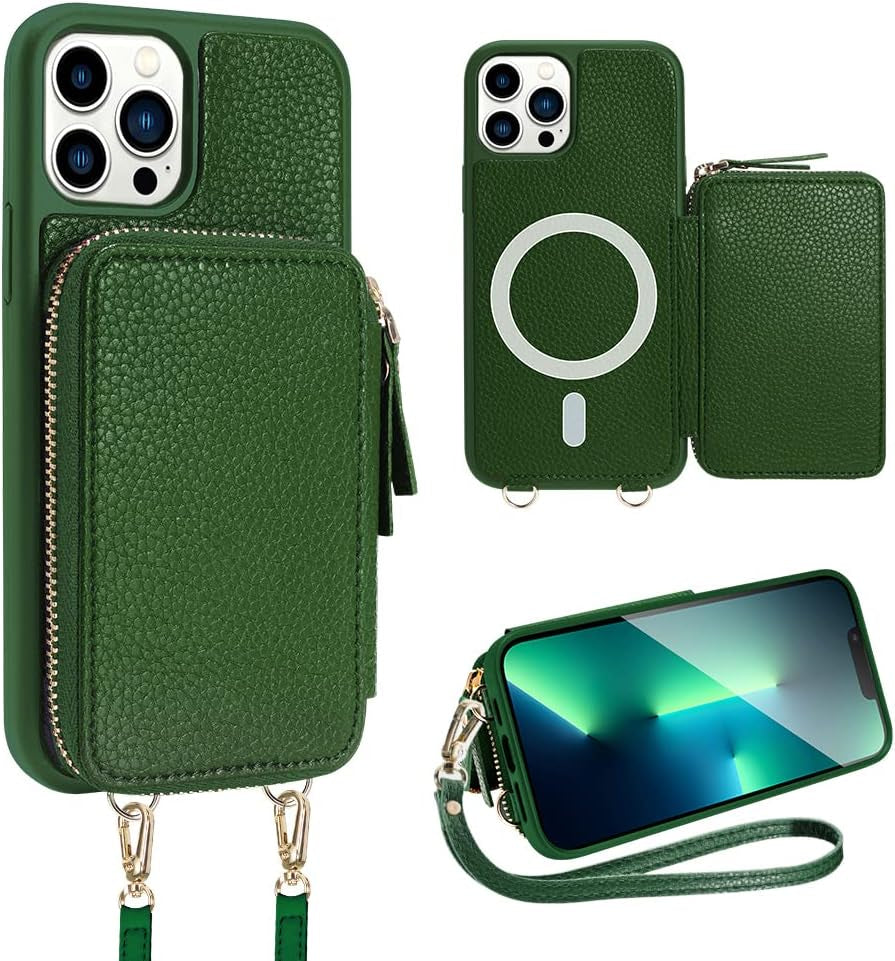 ZVE Iphone 14 Pro Crossbody Wallet Case Magsafe, Phone Case with RFID Blocking Card Holder Wrist Strap for Women, Zipper Leather Cover for Iphone 14 Pro, 6.1"-Black  ZVE Dark Green iPhone 14 Pro Max 