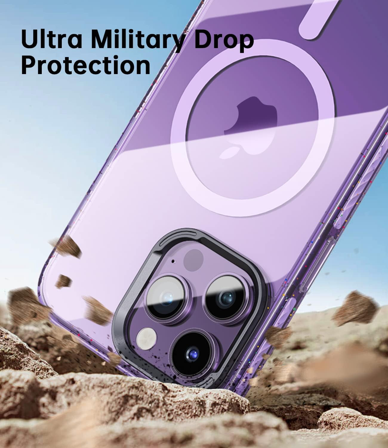 JUESHITUO for Iphone 14 Pro Max Case Magsafe with Glitter Shockproof Buffer Belt [Never Yellow] [10X Military Protection] [Screen Protector & Higher Camera Cover] Magnetic Clear Purple Back 6.7 Inch  JUESHITUO   