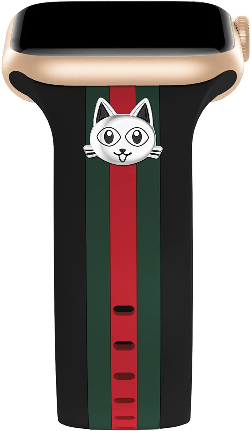 Designer Band with Charms Decor Compatible with Apple Watch Band 38Mm 40Mm 41Mm 42Mm 44Mm 45Mm 49Mm Women Men, Stylish Silicone Sport Wristbands for Iwatch Series 8 7 6 5 4 3 2 1 SE Ultra  Bagoplus Black/Green/Red-CAT 42mm/44mm/45mm/49mm 