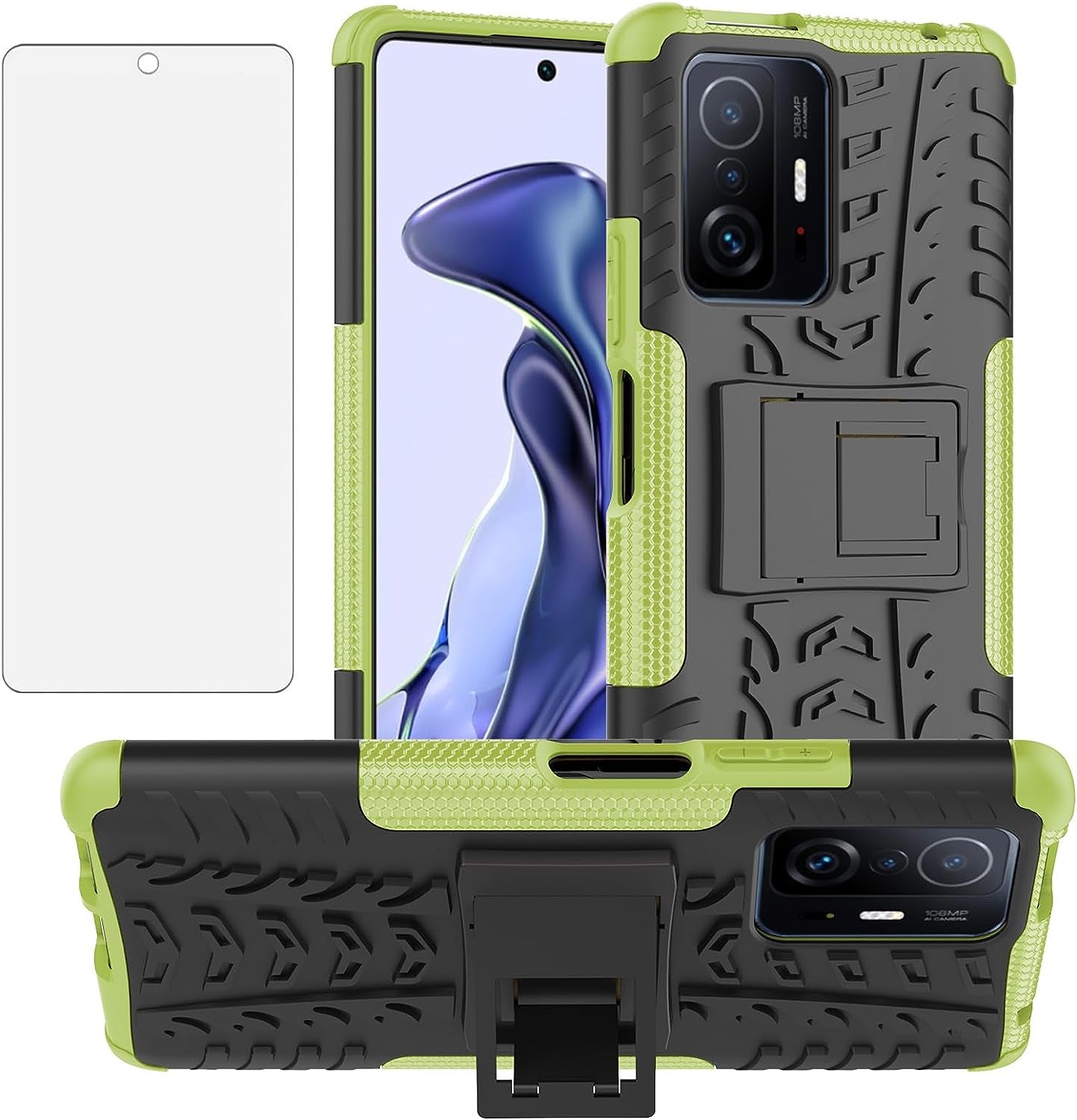 Asuwish Phone Case for Xiaomi Mi 11T/Mi11T Pro 5G with Tempered Glass Screen Protector and Slim Stand Hybrid Heavy Duty Rugged Protective Cell Cover Mi11Tpro T11 G5 Kickstand Mobile Women Men Green  Asuwish   