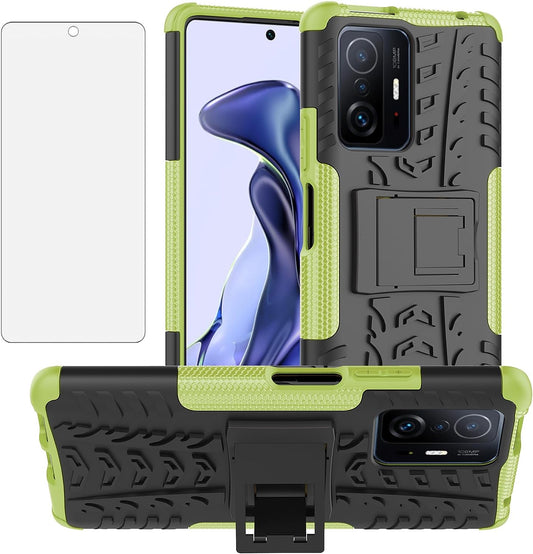 Asuwish Phone Case for Xiaomi Mi 11T/Mi11T Pro 5G with Tempered Glass Screen Protector and Slim Stand Hybrid Heavy Duty Rugged Protective Cell Cover Mi11Tpro T11 G5 Kickstand Mobile Women Men Green  Asuwish   