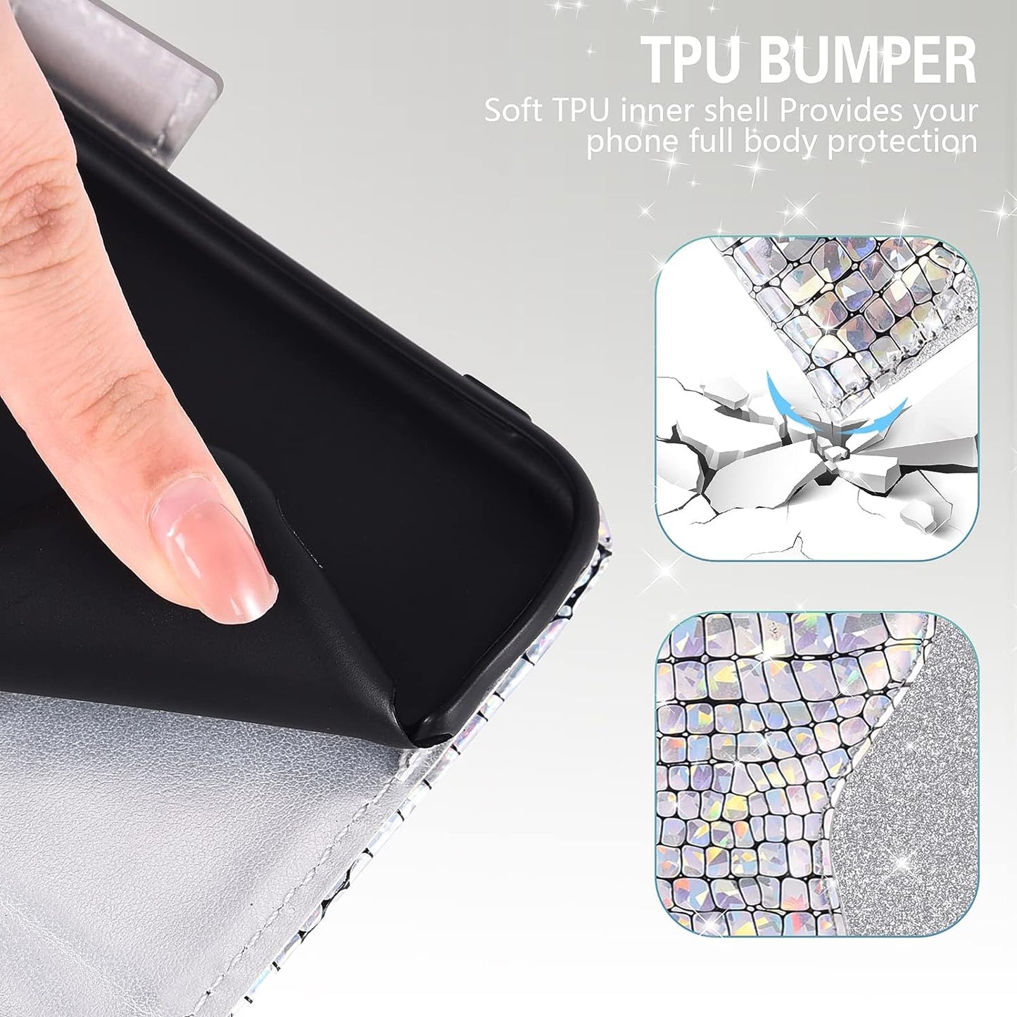 Asuwish Phone Case for Oneplus Nord N200 5G Wallet Cover with Screen Protector and Flip Card Holder Bling Glitter Stand Cell One plus N 200 G5 1 plus 200N 1Plus One+ 1+ N2005G 2021 Women Girls Silver  Asuwish   