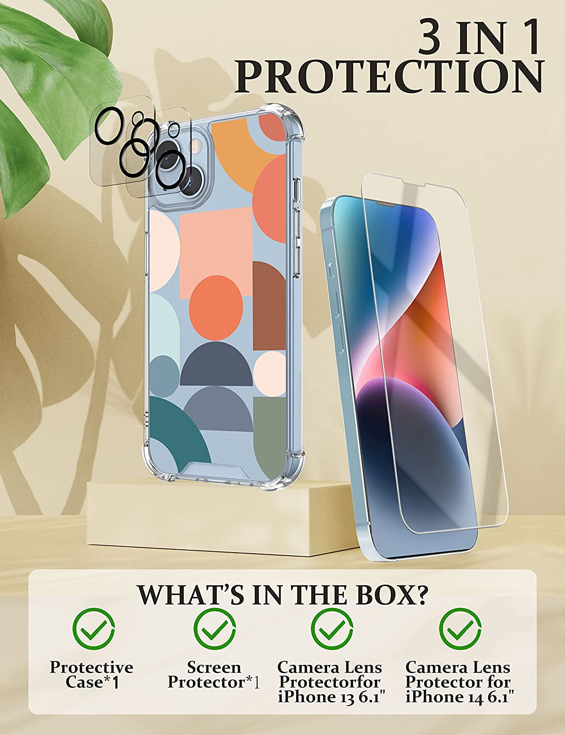 Cutebe [3 in 1 Crystal Phone Case for Iphone 13(2021)/Iphone 14(2022) 6.1", Cute Protective Cover with 9H Temper Glass Screen Protector + HD Temper Camera Lens Protector for Women, Girls  Cutebe   