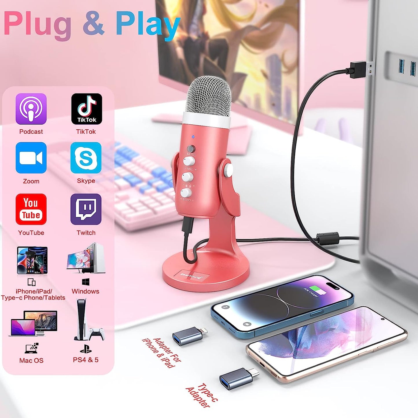 Zealsound Gaming USB Microphone,Pink Microphone with Quick Mute for Phone Computer PC Ps5,Studio Mic with Gain Control,Echo&Monitor Volume Adjust for Streaming Vocal Recording ASMR Podcast Video K66  ZealSound   