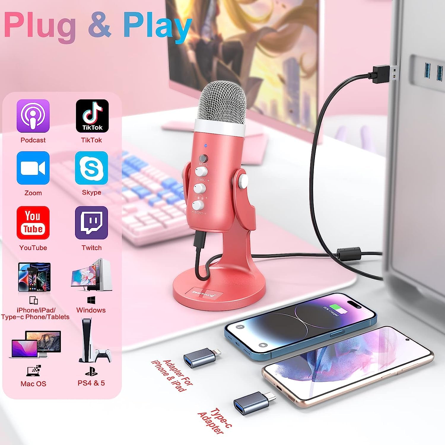 Zealsound Gaming USB Microphone,Pink Microphone with Quick Mute for Phone Computer PC Ps5,Studio Mic with Gain Control,Echo&Monitor Volume Adjust for Streaming Vocal Recording ASMR Podcast Video K66  ZealSound   