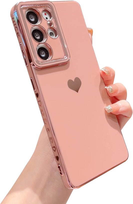 VANIPUFF Samsung Galaxy S21 Ultra 5G 6.8" Phone Case with Luxury Electroplate Cute Side Love Heart Cover Full Camera Protection Soft Silicone Anti-Fingerprint Shockproof Cover Bumper (Pink)  VANIPUFF\1   