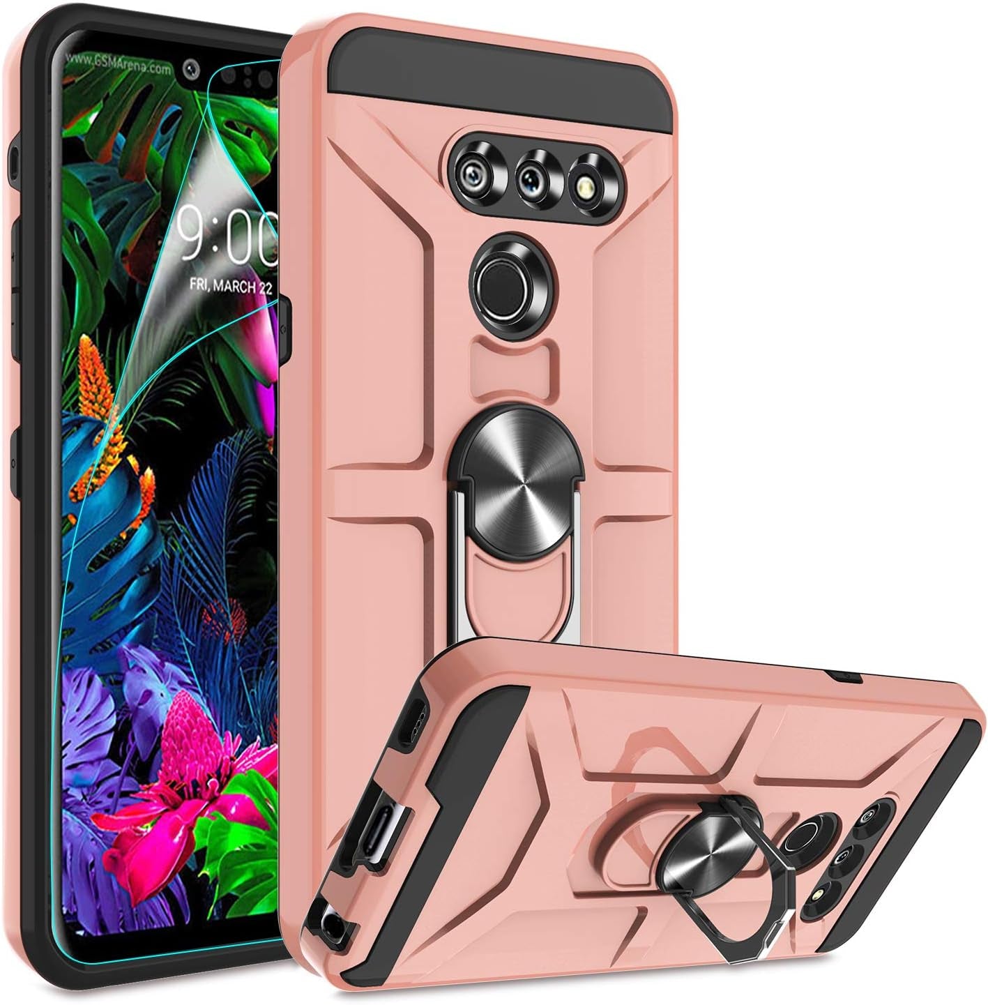 G8 Thinq Case, G8 Case with HD Screen Protector, Atump 360° Rotation Ring Holder Kickstand [Work with Magnetic Car Mount] PC+ TPU Phone Case for LG G8, Rose Gold  Atump   