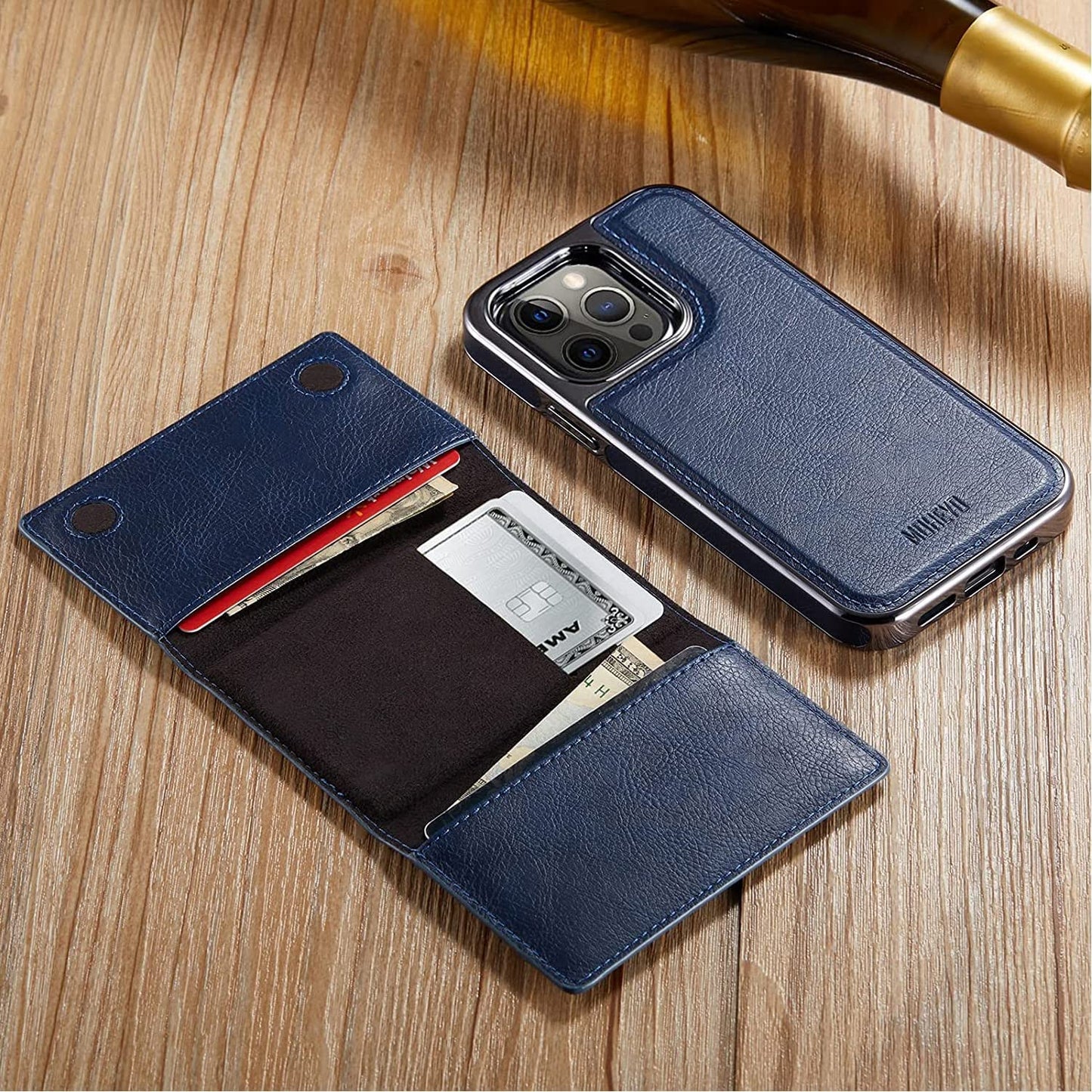 MOHEYO Designed for Iphone 14 Pro Max Case Compatible with Magsafe Removable Wallet Card Holder Magnetic Slim Thin Vegan Leather Cover (Blue)  MOHEYO   