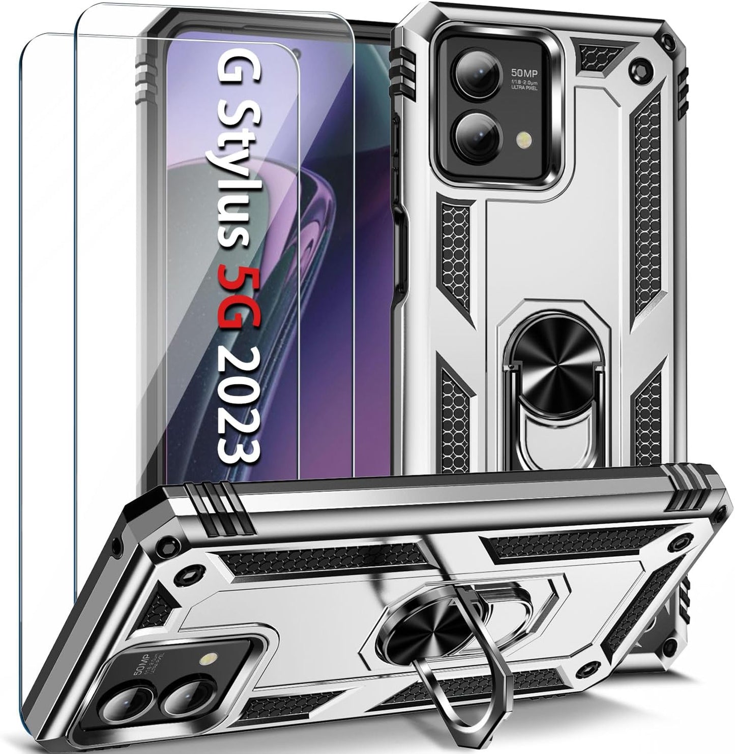 𝟮𝟬𝟮𝟯 𝗡𝗘𝗪 for Moto G Stylus 5G 2023 Case with [2 Packs] Tempered Glass Screen Protector,[Military-Grade] Rugged Full Body Shockproof Case with Kickstand for Motorola Moto G Stylus 5G 2023,Purple  Pevezeda Silver  