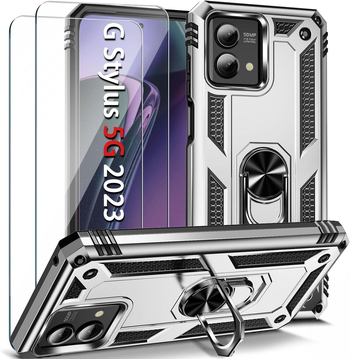 𝟮𝟬𝟮𝟯 𝗡𝗘𝗪 for Moto G Stylus 5G 2023 Case with [2 Packs] Tempered Glass Screen Protector,[Military-Grade] Rugged Full Body Shockproof Case with Kickstand for Motorola Moto G Stylus 5G 2023,Purple  Pevezeda Silver  