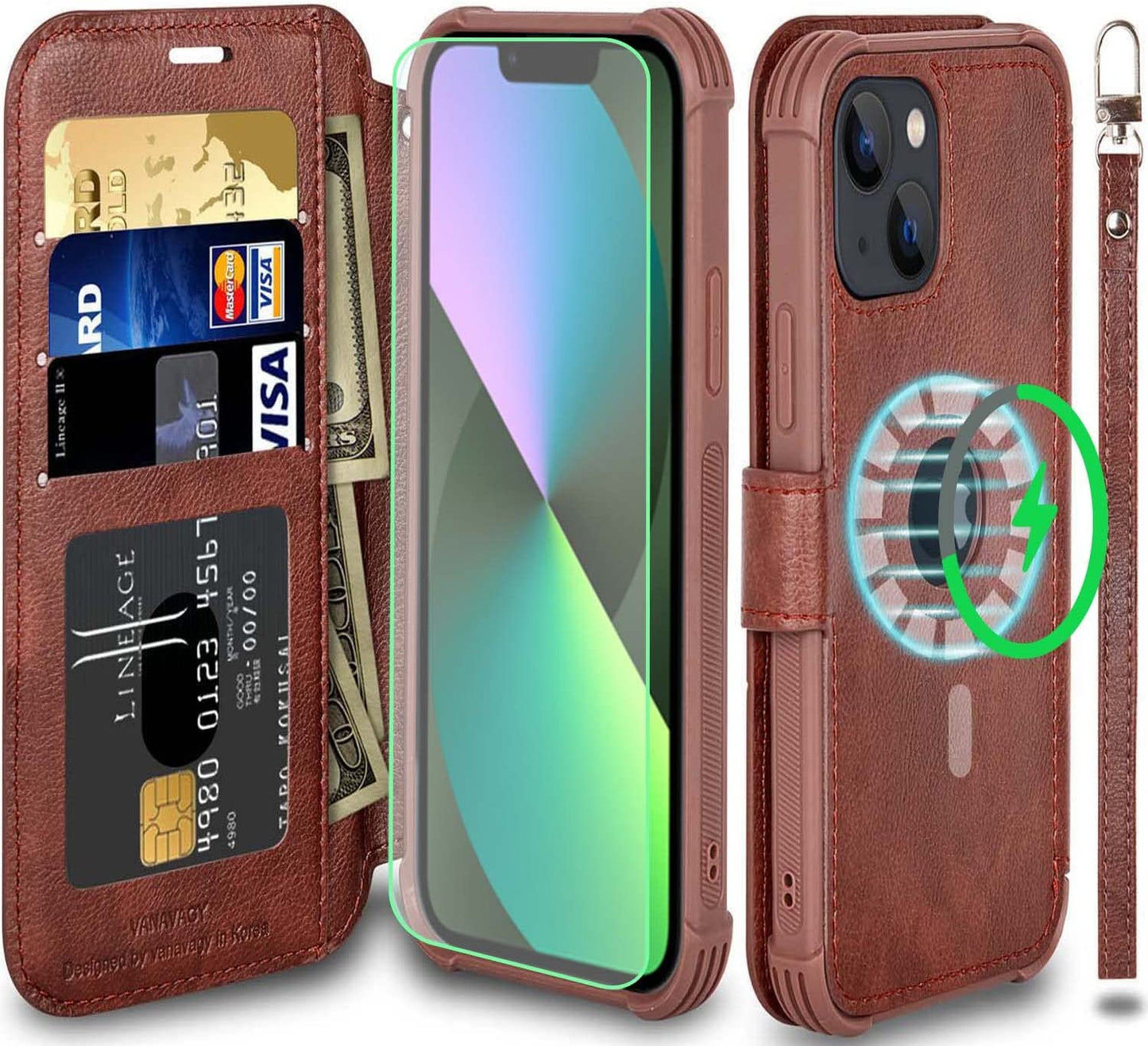 VANAVAGY Iphone 13 Mini Wallet Case Magsafe,Leather Flip Folio Phone Cover Supports Magsafe and Wireless Charging with RFID Block Card Holder and Wrist Strap,Forest Green  VANAVAGY Brown  