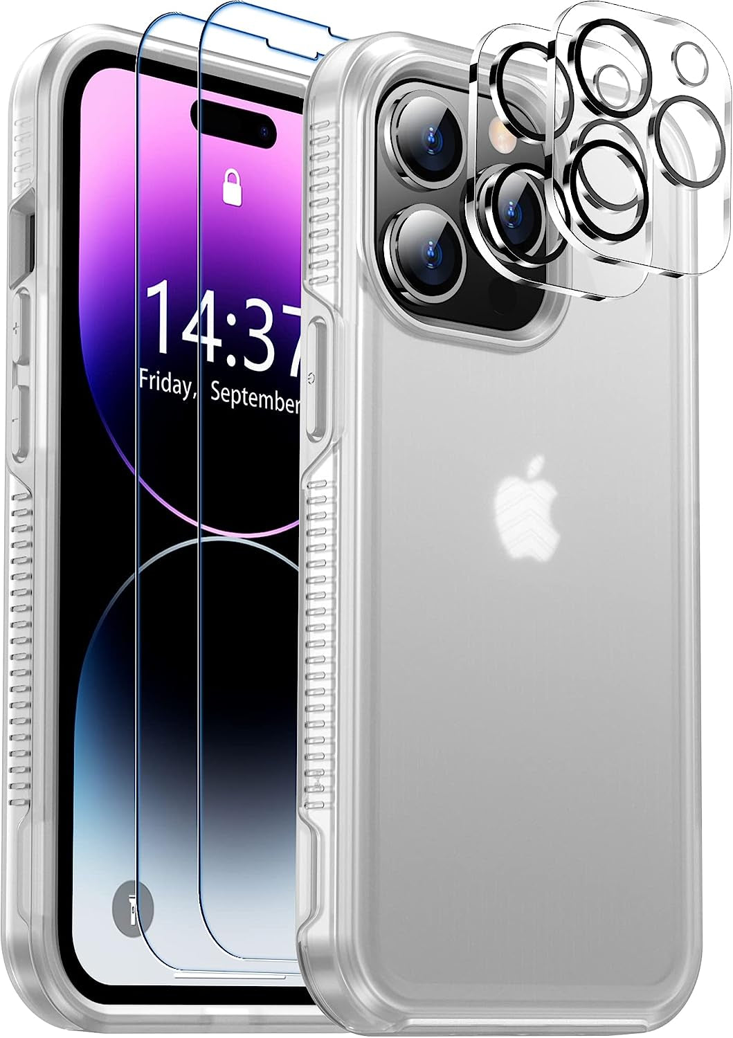 Justcool Designed for Iphone 14 plus Case, [Crystal Clear Not Yellowing] with [2 Pcs Tempered Glass Screen Protectors & 2 Pcs Camera Lens Protector] Slim Thin Protective Phone Case (Clear)  Justcool Frosted Clear Iphone 14 Pro 