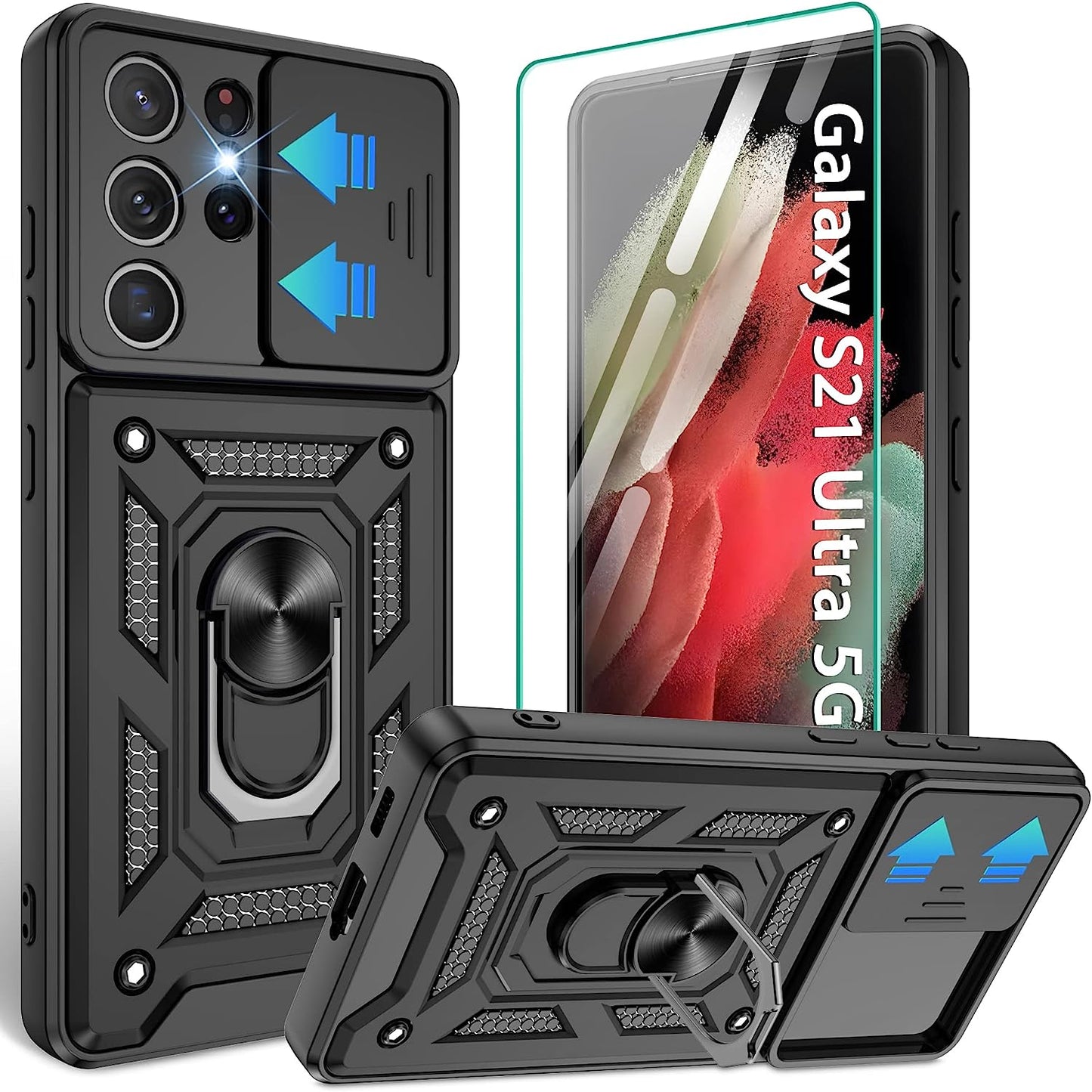 Compatible with Samsung Galaxy S21 Ultra Case,S21 Ultra Case with HD Screen Protector with Slide Camera Cover, 360°Rotation Ring Kickstand [Military Grade] Case for Galaxy S21 Ultra, Rose Gold  Gritup Black  