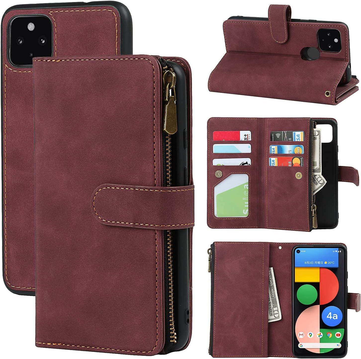 Sailortech Magnetic Detachable 2 in 1 Wallet Phone Case Design for Google Pixel 4A 5G with 6 Card Holder 1 Zipper Coin Wallet 1 Cash Slot Wrist Strap Kickstand for Women Men Wine Red  SAILOR   