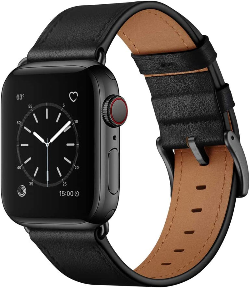 OUHENG Compatible with Apple Watch 49Mm 45Mm 44Mm 42Mm, Genuine Leather Band Replacement Strap Compatible with Apple Watch Ultra Series 8/7/6/5/4/3/2/1/SE2/SE, Black Band with Black Adapter  OUHENG   