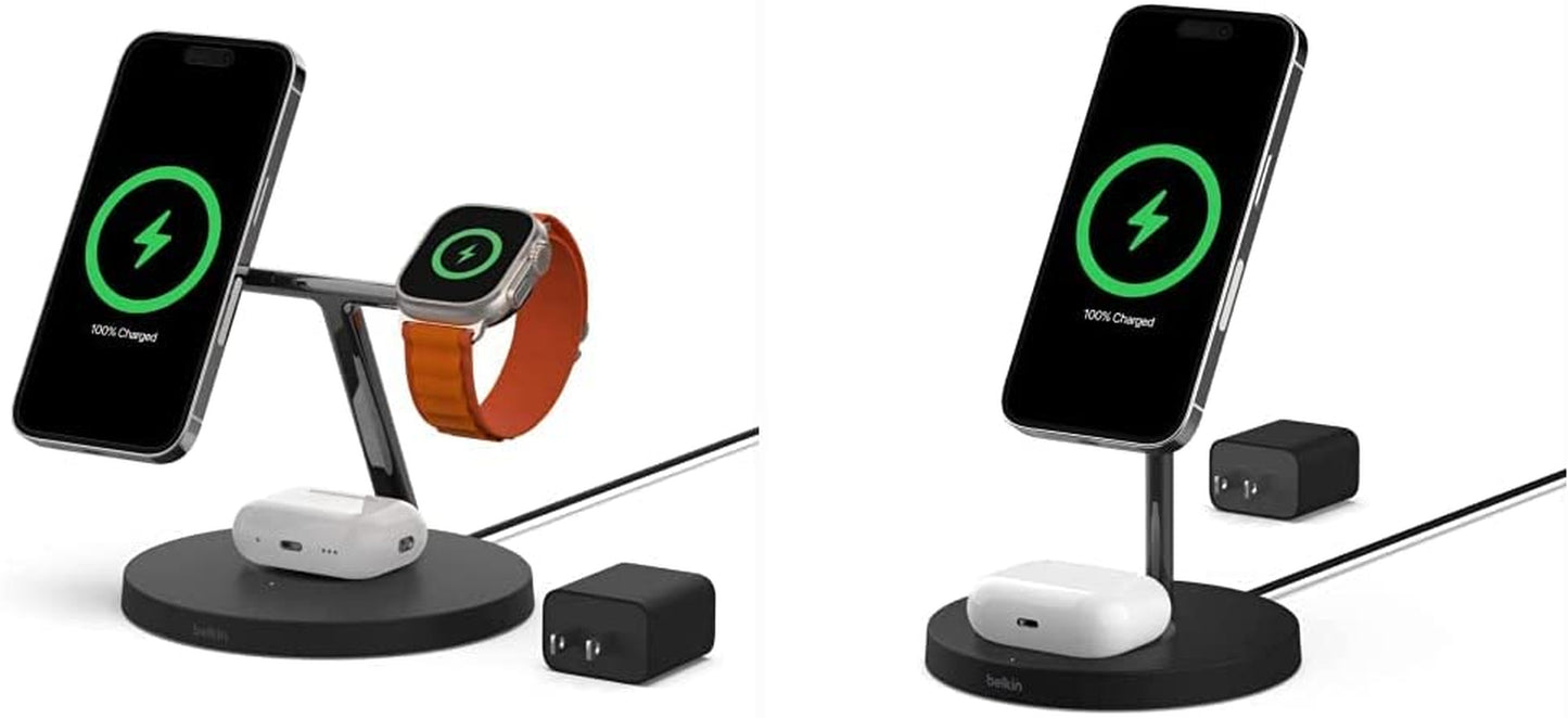 Belkin Magsafe 3-In-1 Wireless Charging Stand - 2ND GEN W/ 33% Faster Wireless Charging for Apple Watch - Iphone 14, 13 & 12 Series & Airpods - Magsafe Charging Station for Multiple Devices - Black  Belkin Black 3 in 1 Stand (New) + 2-in-1 Charging Stand 