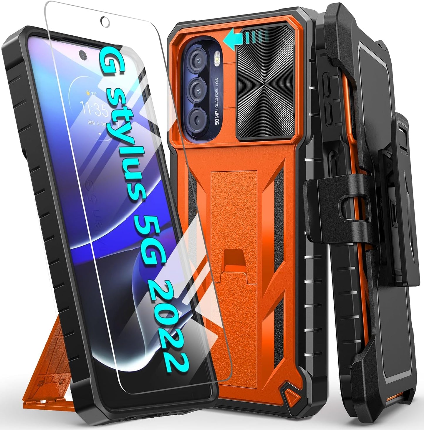For Motorola Moto G-Stylus 5G-2022 Case: Military Grade Drop Proof Protection Rugged Protective Cell Phone Cover with Belt Clip Holster Kickstand & Slide |Shockproof TPU Matte(Belt-Clip Orange)  WTYOO   