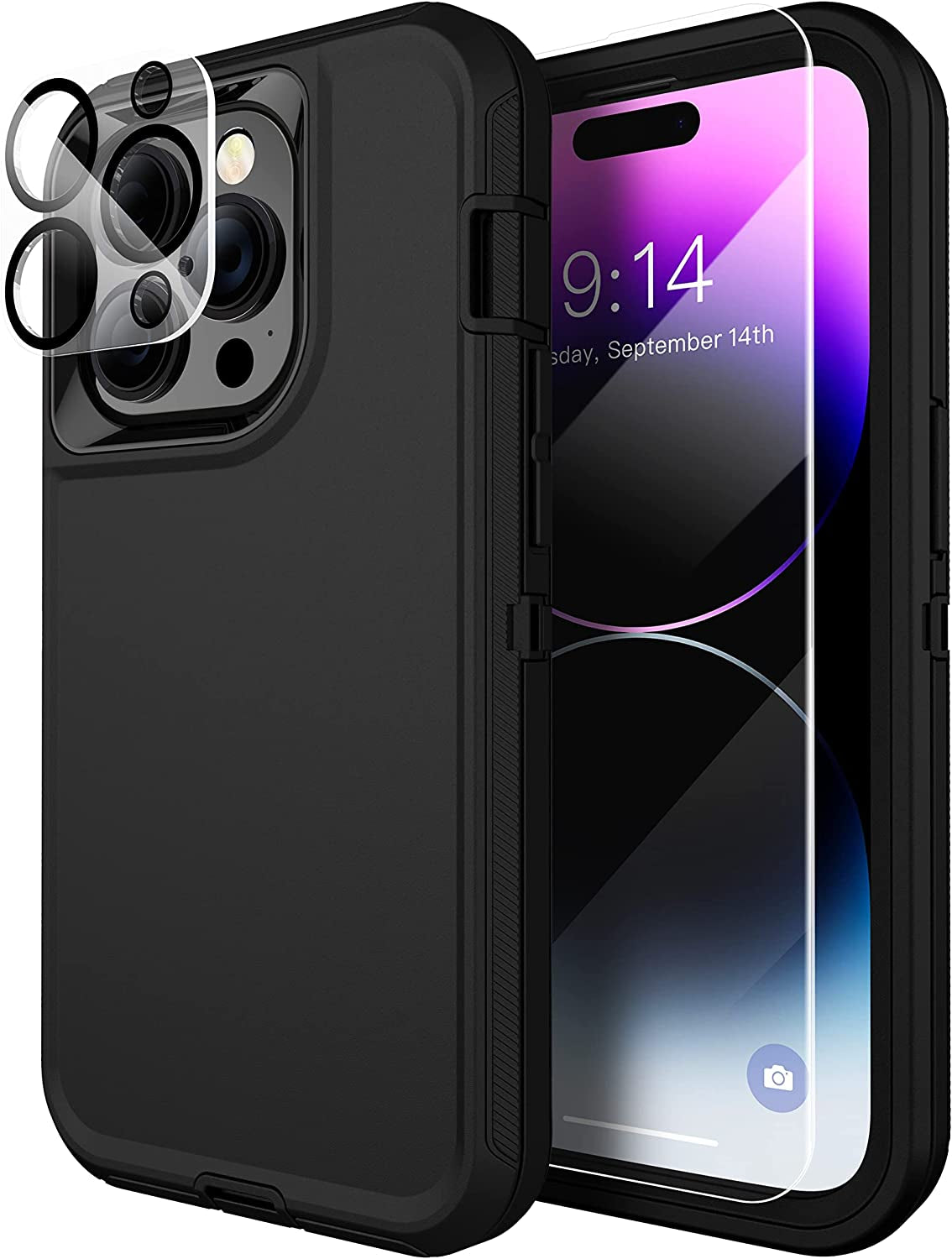 MXX Iphone 14 Pro Heavy Duty Case, 3-Layer Full Body Protection, Tempered Glass and Camera Lens Protector (Plum/Light Pink)  MXx Accessories LLC   