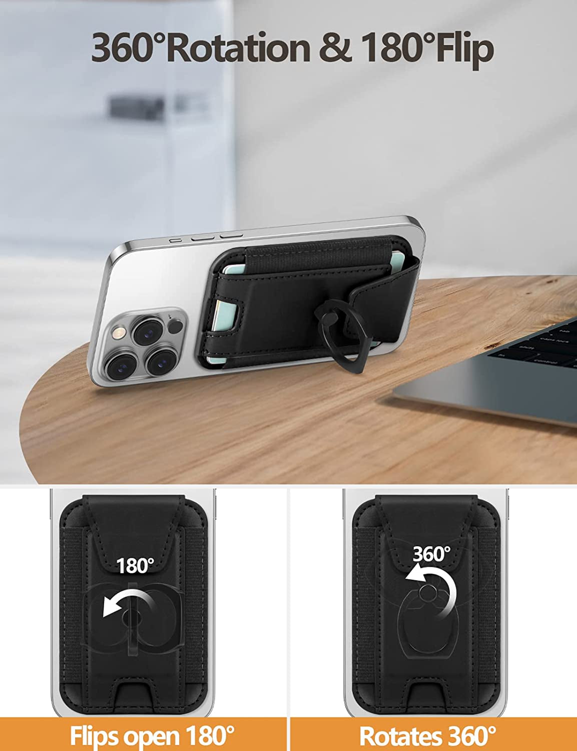 3-In-1 Magnetic Wallet with Phone Grip, Compatible with Magsafe Wallet and Phone Stand, Leather Privacy Flap, Magnetic Phone Wallet Holder with Phone Ring for Iphone 14/13/12 Series, 7 Cards, Black  ExtreLife   