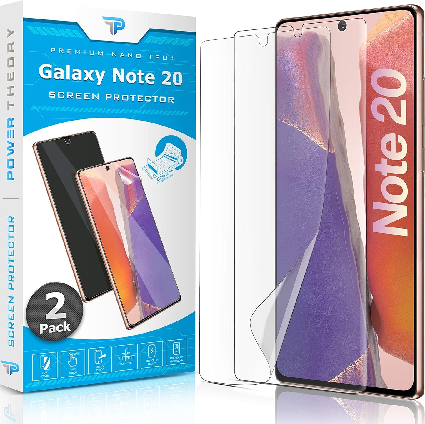 Power Theory Designed for Samsung Galaxy Note 20 Screen Protector [Not Glass], Easy Install Kit, Case Friendly, Full Cover, Flexible Film anti Scratch, 2 Pack  Power Theory   