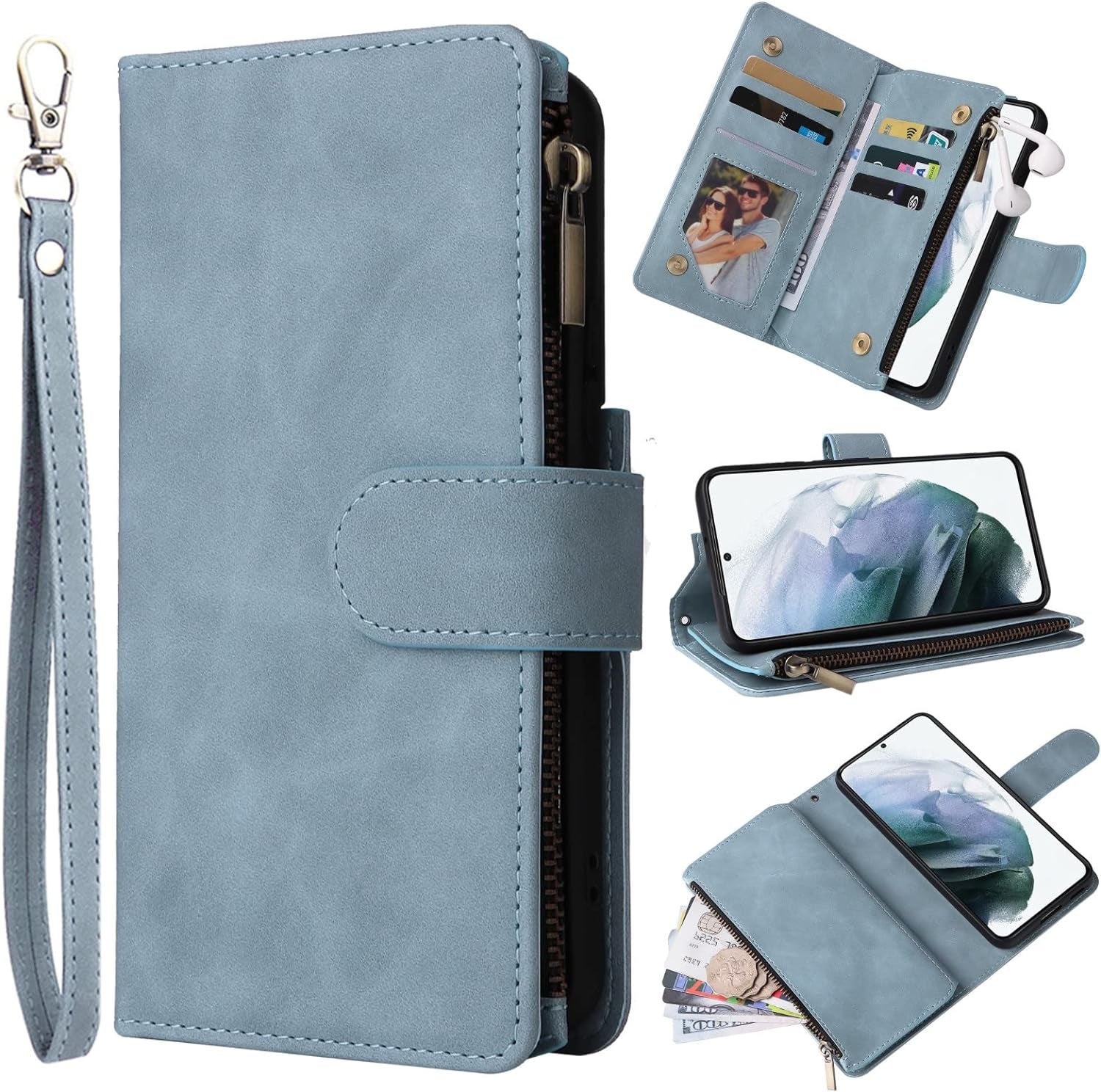 ZZXX Samsung Galaxy S22+ plus Case Wallet with Card Slot Premium Soft PU Leather Zipper Flip Folio with Wrist Strap Kickstand Protective for Samsung S22+ plus Wallet Case(Wine Red-6.6 Inch)  ZZXX Light Blue Samsung Galaxy S22+ Plus 