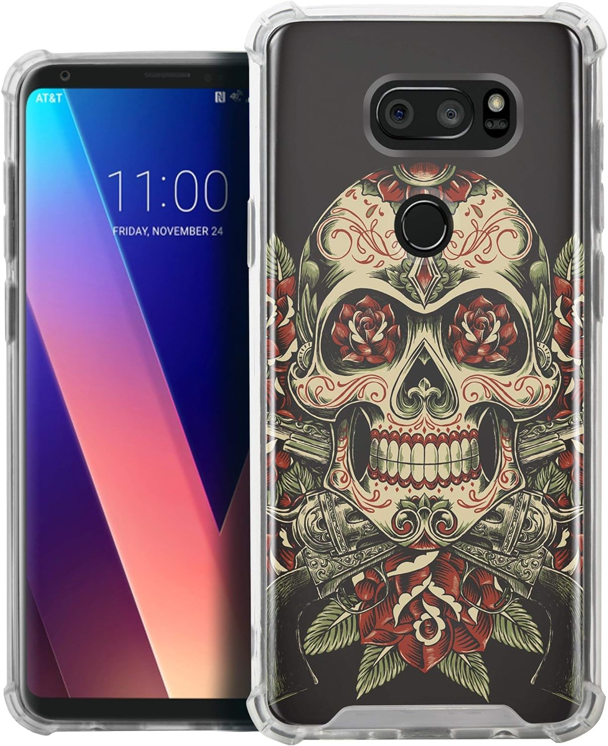 Casesondeck Fitted Case Compatible with [LG V30S Thinq and LG V30] Full Body Clear Bumper Case Slim Fitted Unique Cover (Rose Skull)  CasesonDeck   