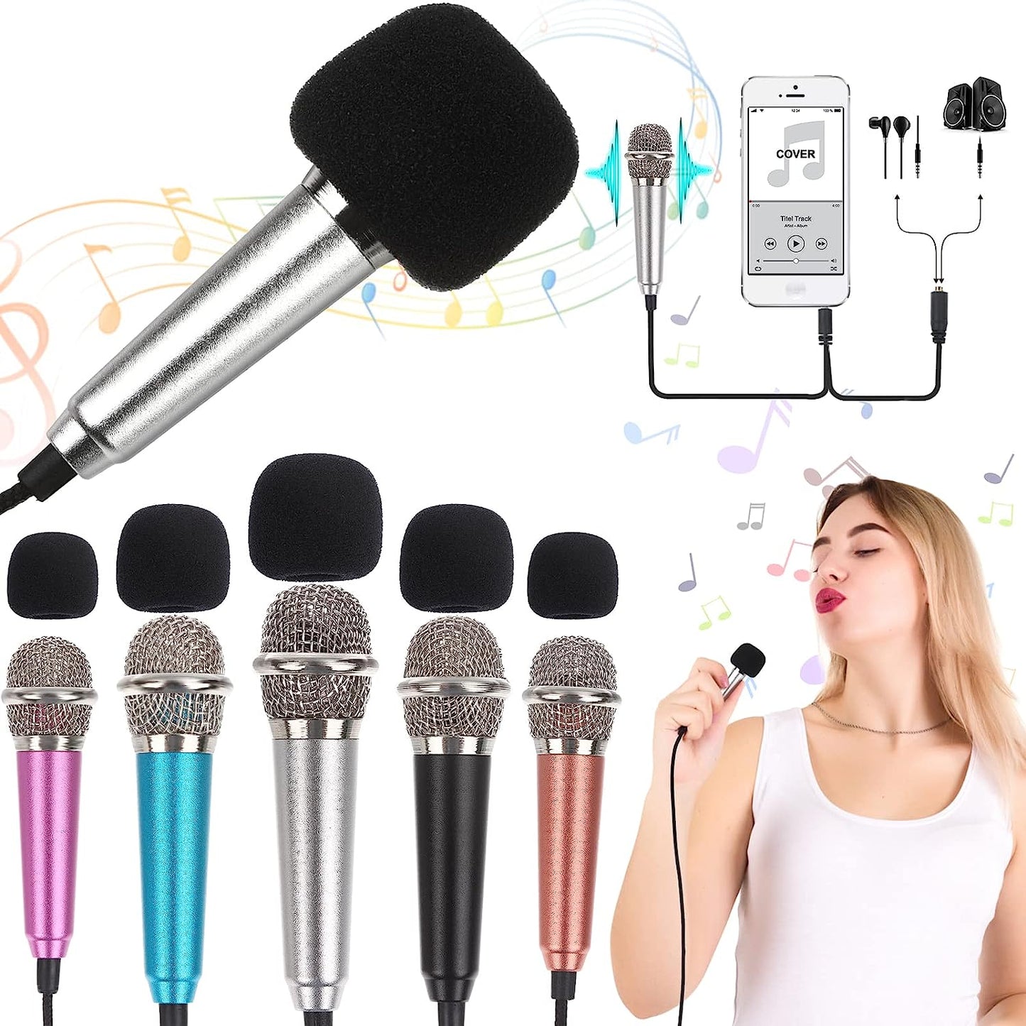 5-Piece Mini Microphone Tiny Microphone Mini Mic for Recording Voice and Singing on Iphone, Android Phones or Tablet, Metal, with 113 Cm Cord, 3.5 Mm Input (Rose Red, Rose Gold, Silver, Blue, Black)  Hopeson silver 1-Piece 