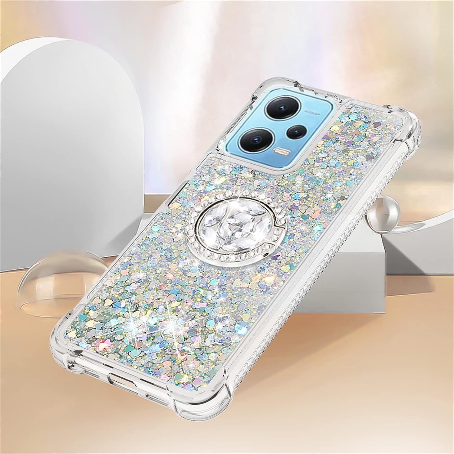 Ccsmall Glitter Clear Sparkly Bling Case for Xiaomi Redmi Note 12 4G, Flowing Liquid Quicksand Cover with Diamond Ring Holder Case for Xiaomi Redmi Note 12 4G LSZ Silver  CCSmall   