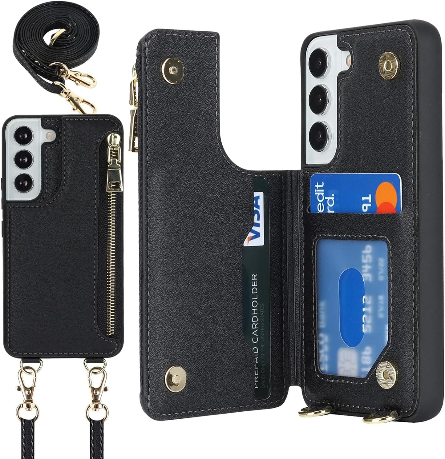 Jaorty Samsung Galaxy S22 5G Phone Case for Women with Card Holder,Samsung S22 Case Wallet Crossbody Lanyard with Strap,Credit Card Slots Kickstand Case with Ring Holder,6.1 Inch,Black  Jaorty Crossbody Flip Case- Black  