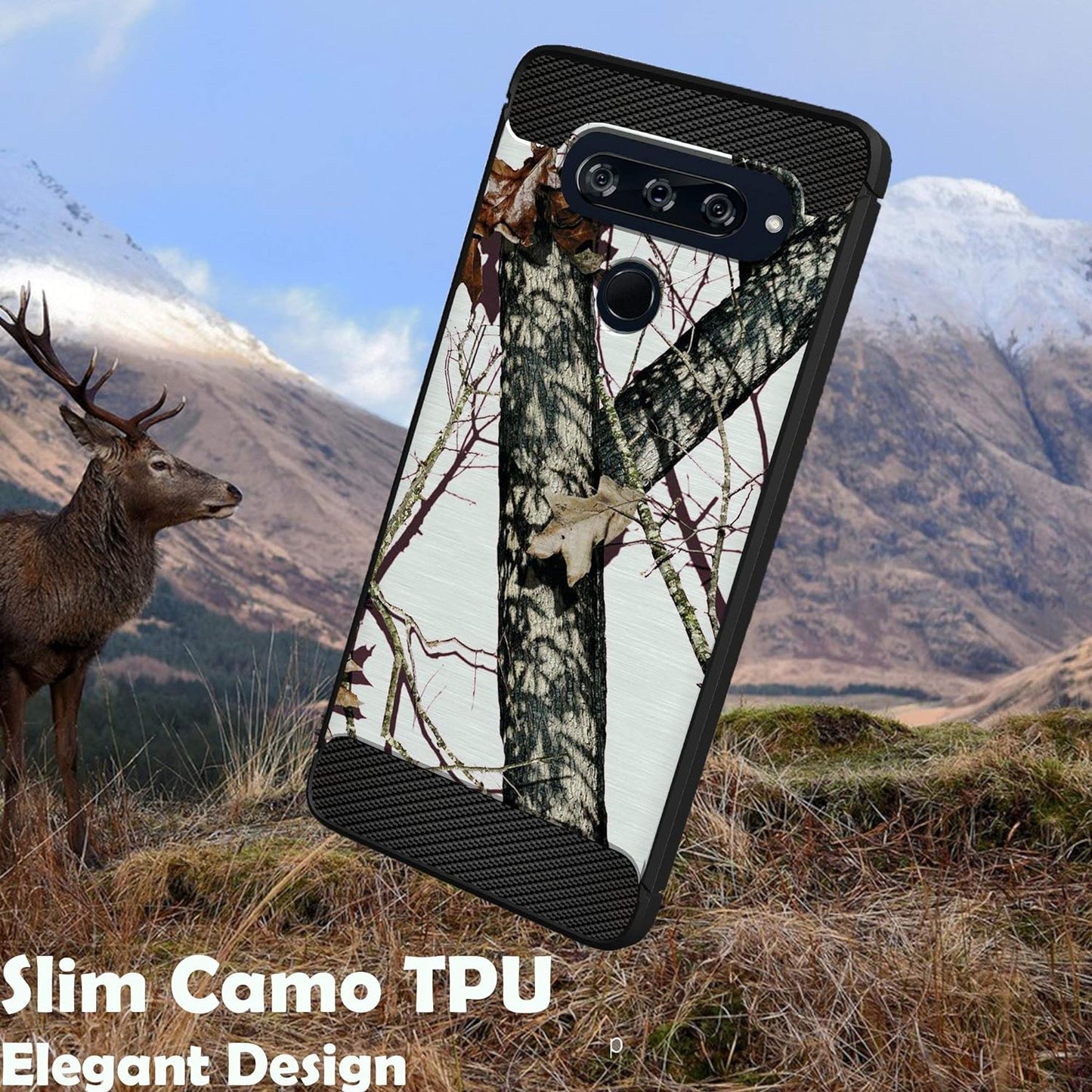 Cases on Deck White Case Compatible with [LG V40 Thinq] Hunters Series Slim No Bulk Carbon Fiber Texture Black Flexible TPU Material (Snow Hunters Camo)  CasesonDeck   