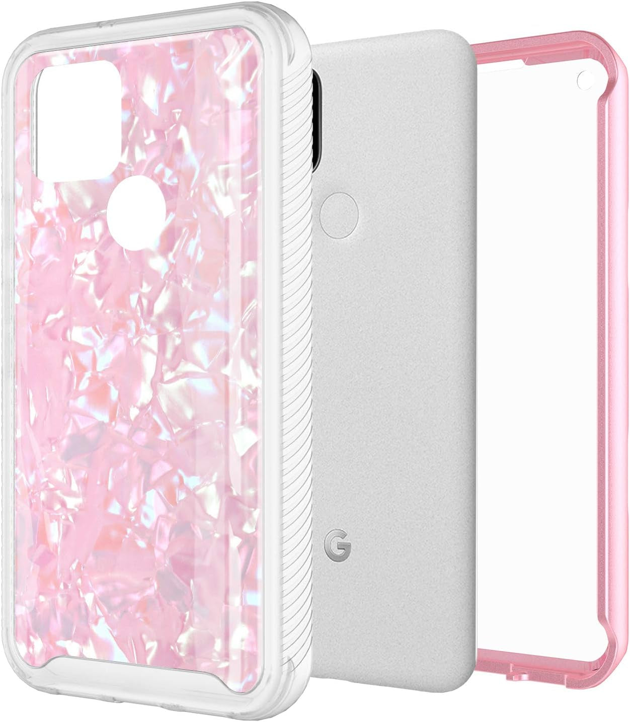 Google Pixel 4A 5G Case [For 5G Version ONLY], Onyxii Graphic Design Shockproof Impact Resistant Protective Full-Body Rugged Clear Hybrid Bumper Case for Google Pixel 4A 5G (Pink Shell)  Onyxii Case   