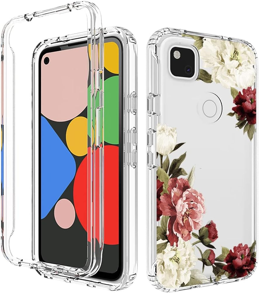 Yodueiv for Google Pixel 4A (Not Fit Pixel 4A 5G) G025J, GA02099 Case with Tempered Glass Screen Protector, Full-Body Cute Clear Floral Pattern Protective Phone Cover Case for Google Pixel 4A (Flower)  Yodueiv   