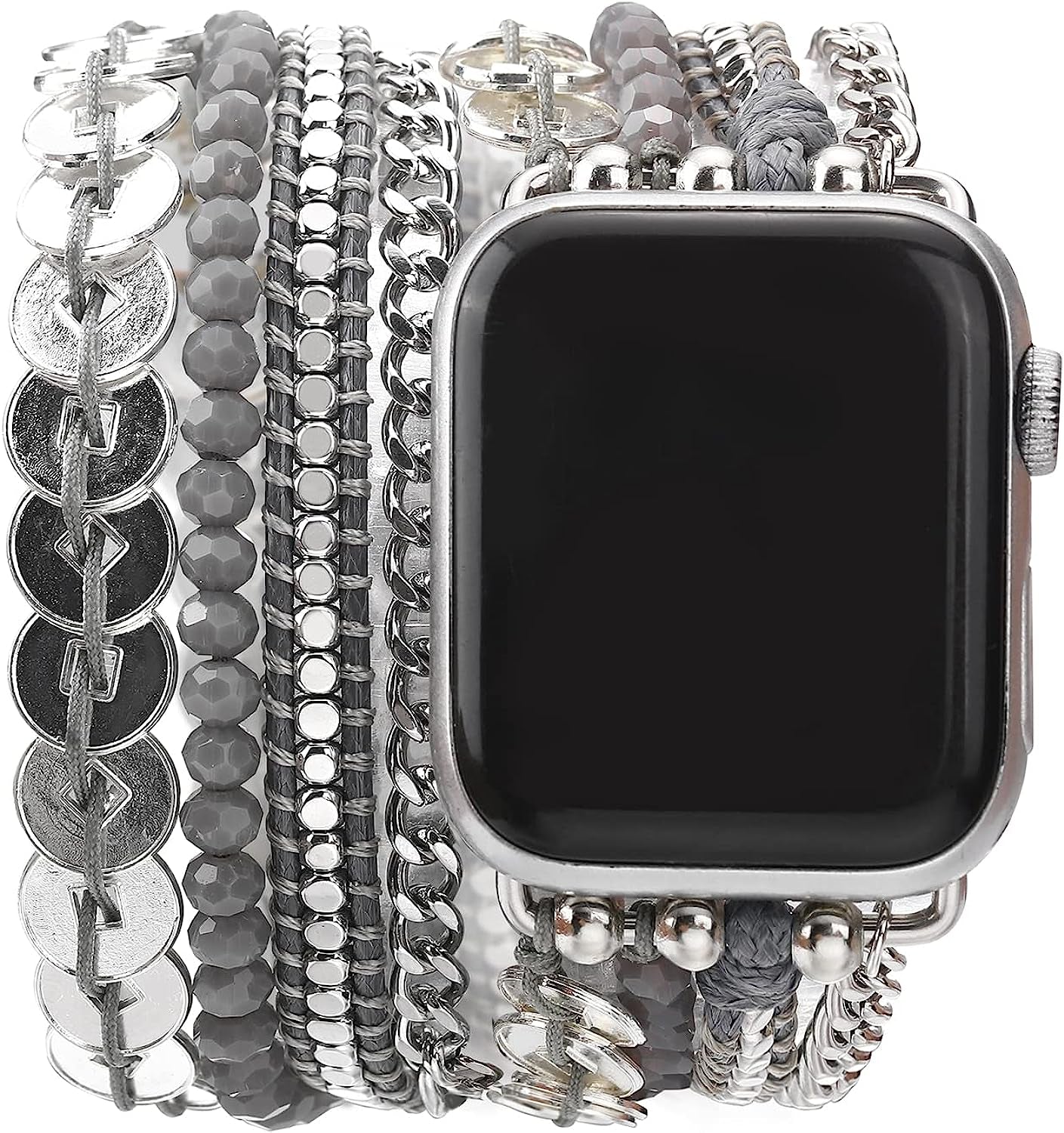 BOKIIWAY Boho Watch Bracelet Compatible with Apple Watch Series 8/7/6/5/4/3/2/1/SE – Bohemian Watch Band for Women – Handmade Braided Leather Watch Strap with Crystal Beads – Greyscale Modern Watch Strap  BOKIIWAY   