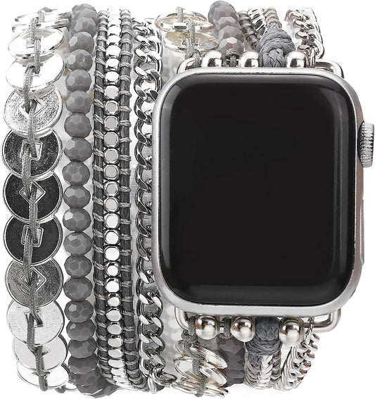 BOKIIWAY Boho Watch Bracelet Compatible with Apple Watch Series 8/7/6/5/4/3/2/1/SE – Bohemian Watch Band for Women – Handmade Braided Leather Watch Strap with Crystal Beads – Greyscale Modern Watch Strap  BOKIIWAY   