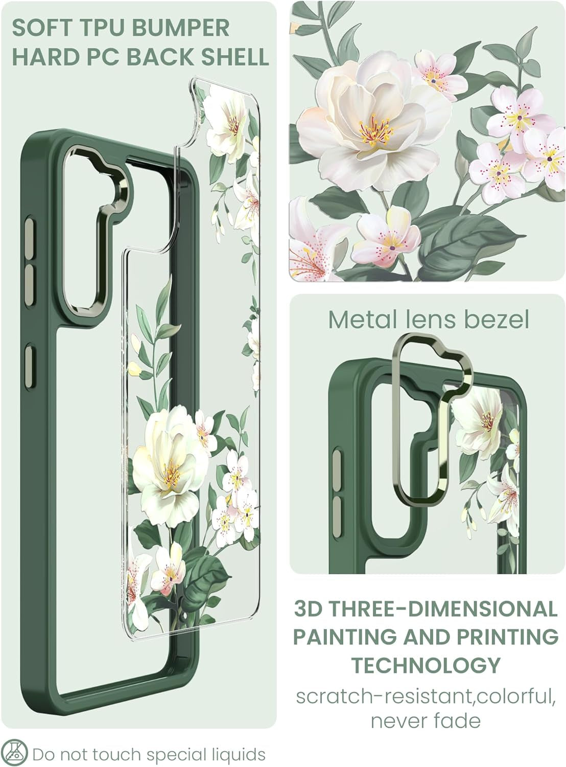Dretal for Samsung Galaxy S21 5G Case Floral, Military Grade Drop Tested Hard Back & Soft Edge Slim Flower Women Girls Phone Protective Cover + Tempered Glass Screen Protector for Galaxy S21（Green  Dretal   