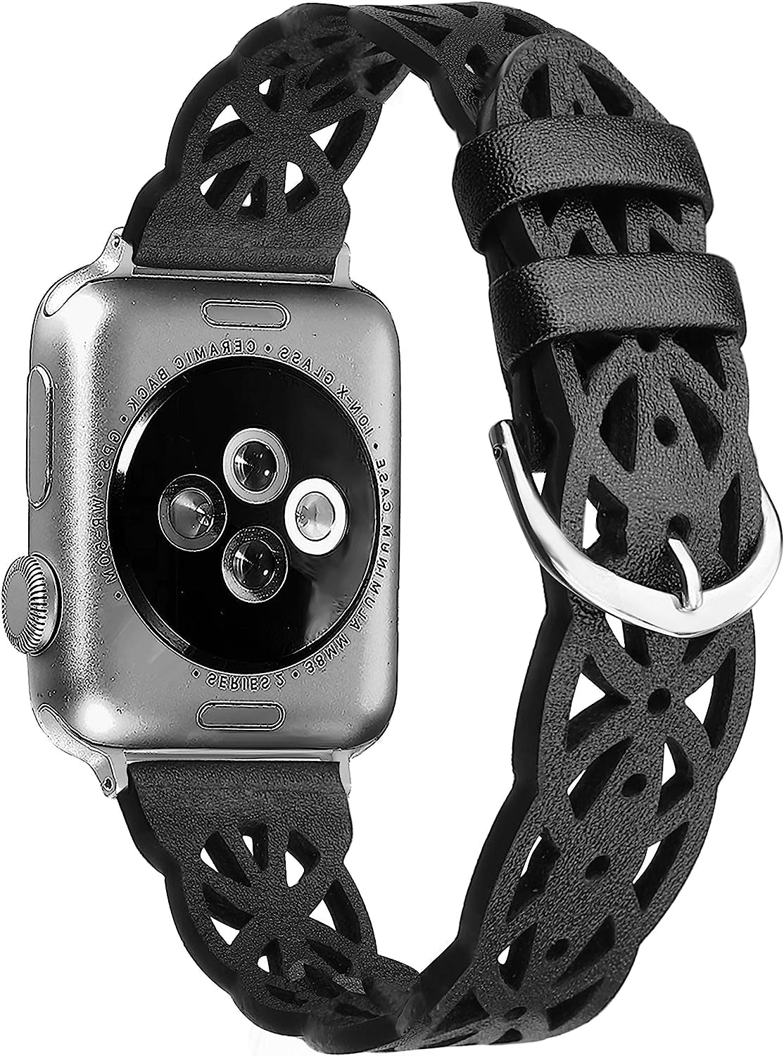 Secbolt Hollowed-Out Leather Band Compatible with Apple Watch 38Mm 40Mm 41Mm 42Mm 44Mm 45Mm Iwatch Series 8/7/6/SE/5/4/3/2/1, Elegant Top-Grain Leather Wristband Strap Accessories for Women  Secbolt Black 38mm/40mm/41mm 