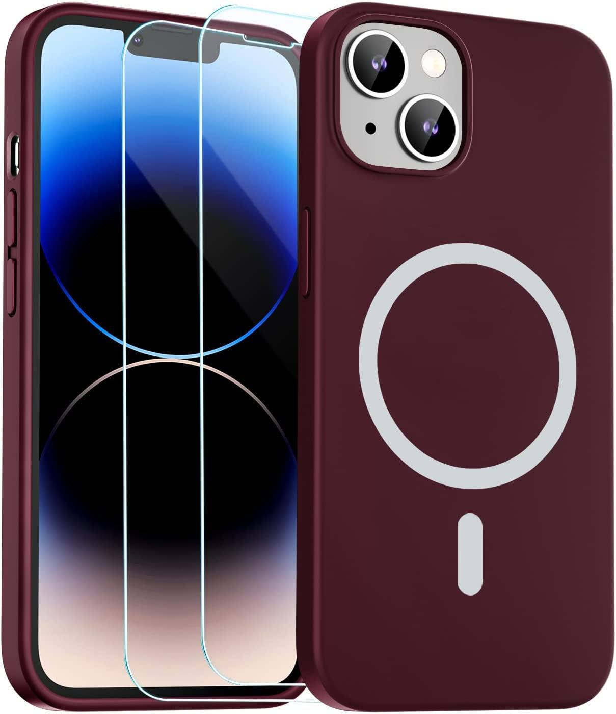 Zapica Liquid Silicone Magnetic for Iphone 14 Case, [Compatible with Magsafe] [With 2 Pack Glass Screen Protector] Anti-Scratch, Shockproof, Slim Soft Phone Case for Iphone 14, 6.1 Inch (Black)  zapica Burgundy  