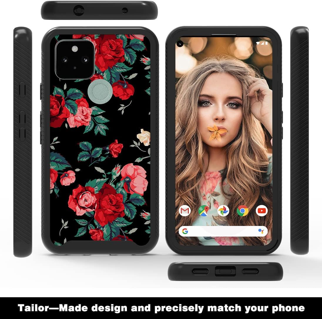MGAH Pixel 5 Case with Roses Design,Google Pixel 5 Phone Case,Hybrid Triple Layer Armored Protective Cover Flexible Sturdy Anti-Scratch Shockproof Bumper Cute Case for Women and Girls-Flowers/Black  MGAH   