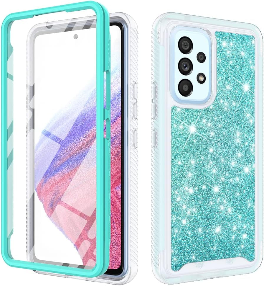 TJS Compatible for Samsung Galaxy A53 5G Case, with [Built-In Screen Protector], Full-Body Drop Protector Cover Glitter Bling Cute Girls Women Design Hybrid Phone Case (Rose Gold)  TJS Teal  