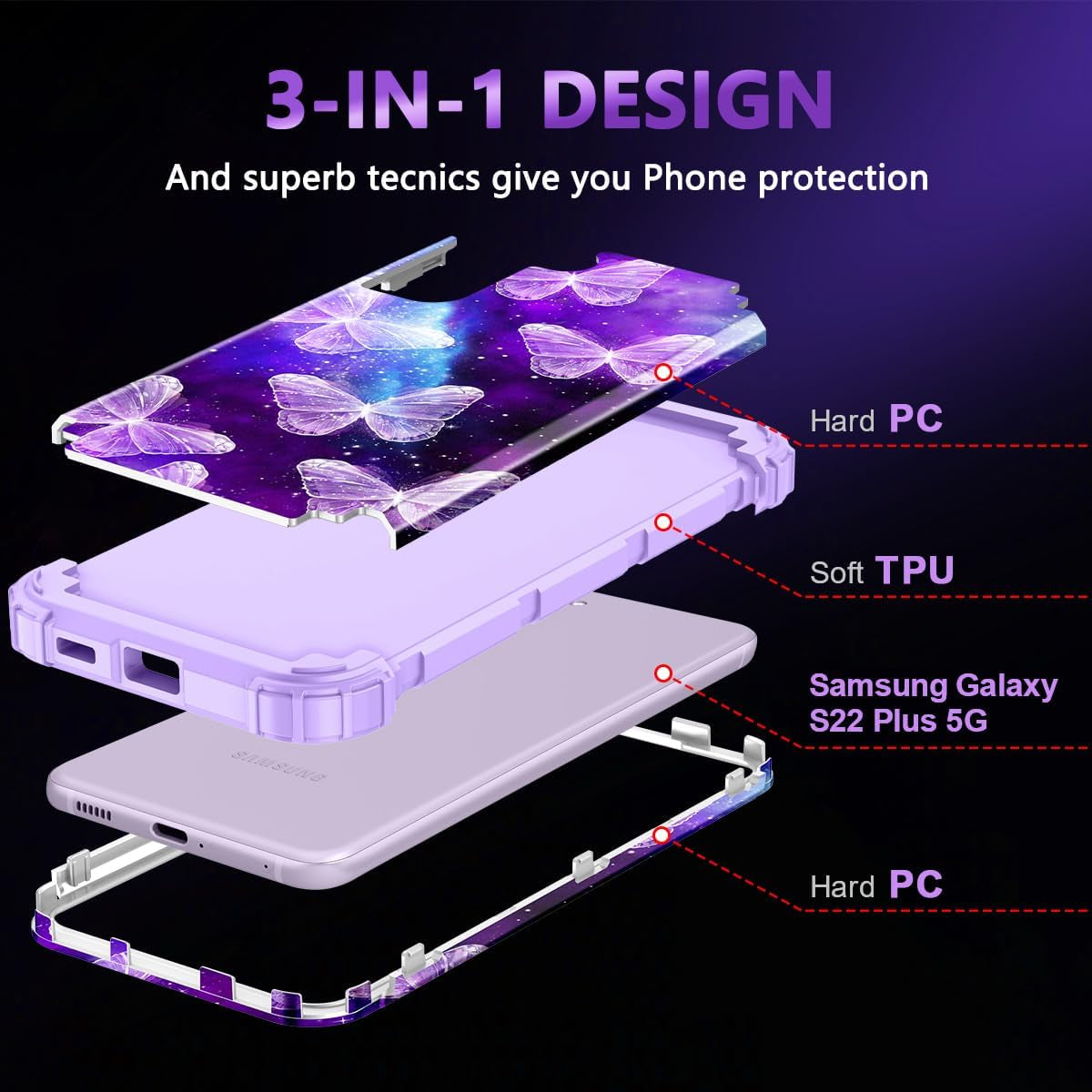 Casetego Compatible with Galaxy S22 plus 5G Case,Floral Three Layer Heavy Duty Sturdy Shockproof Full Body Protective Cover Case for Samsung Galaxy S22 plus 5G,Butterfly  Casetego   