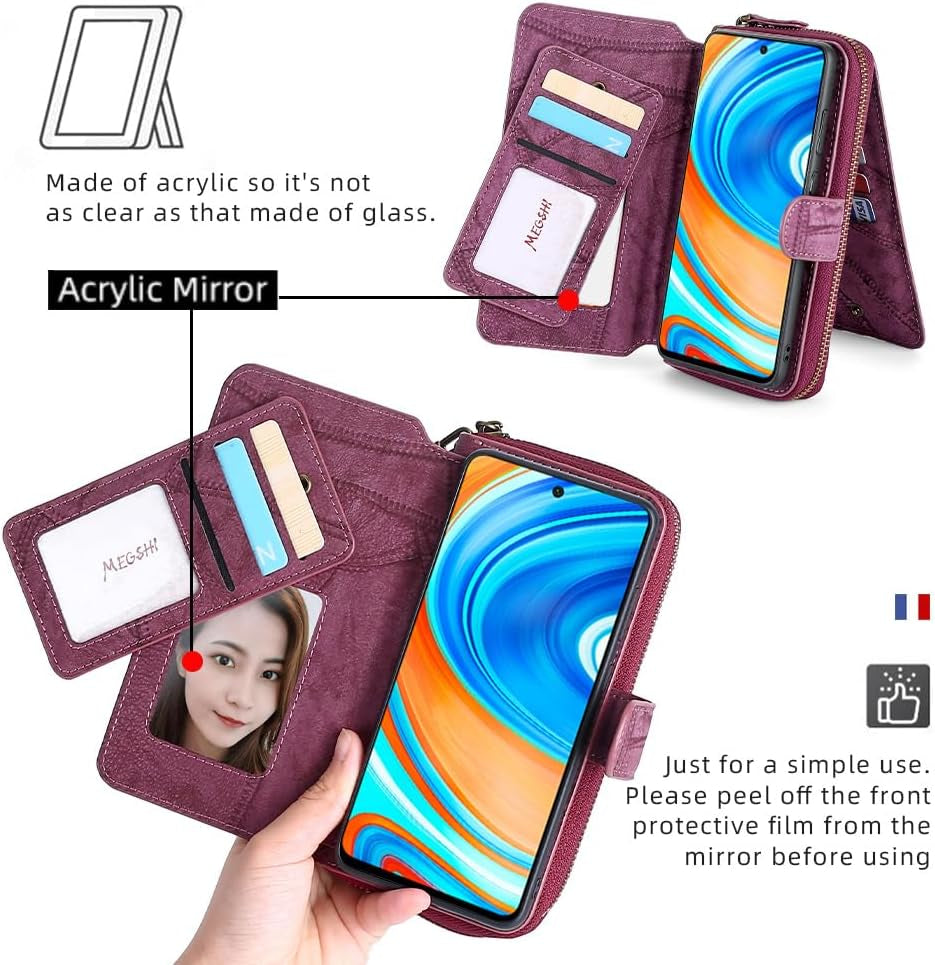 Asuwish Phone Case for Xiaomi Redmi Note 9 Pro/Note 9S/Note9 Pro Max/Poco M2 Pro Zipper Wallet Detachable with Screen Protector and Mirror Card Holder Slot Redme Note9S Note9Pro 4G Women Men Wine Red  Asuwish   