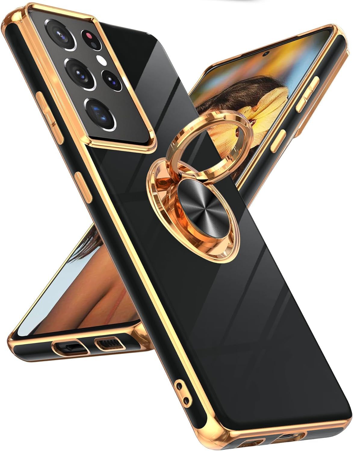 Leyi for Samsung Galaxy S21 plus Case 360° Rotatable Ring Holder Magnetic Kickstand, Plating Rose Gold Edge Protective Case, Grey  LeYi Black Samsung Galaxy S21 Ultra 