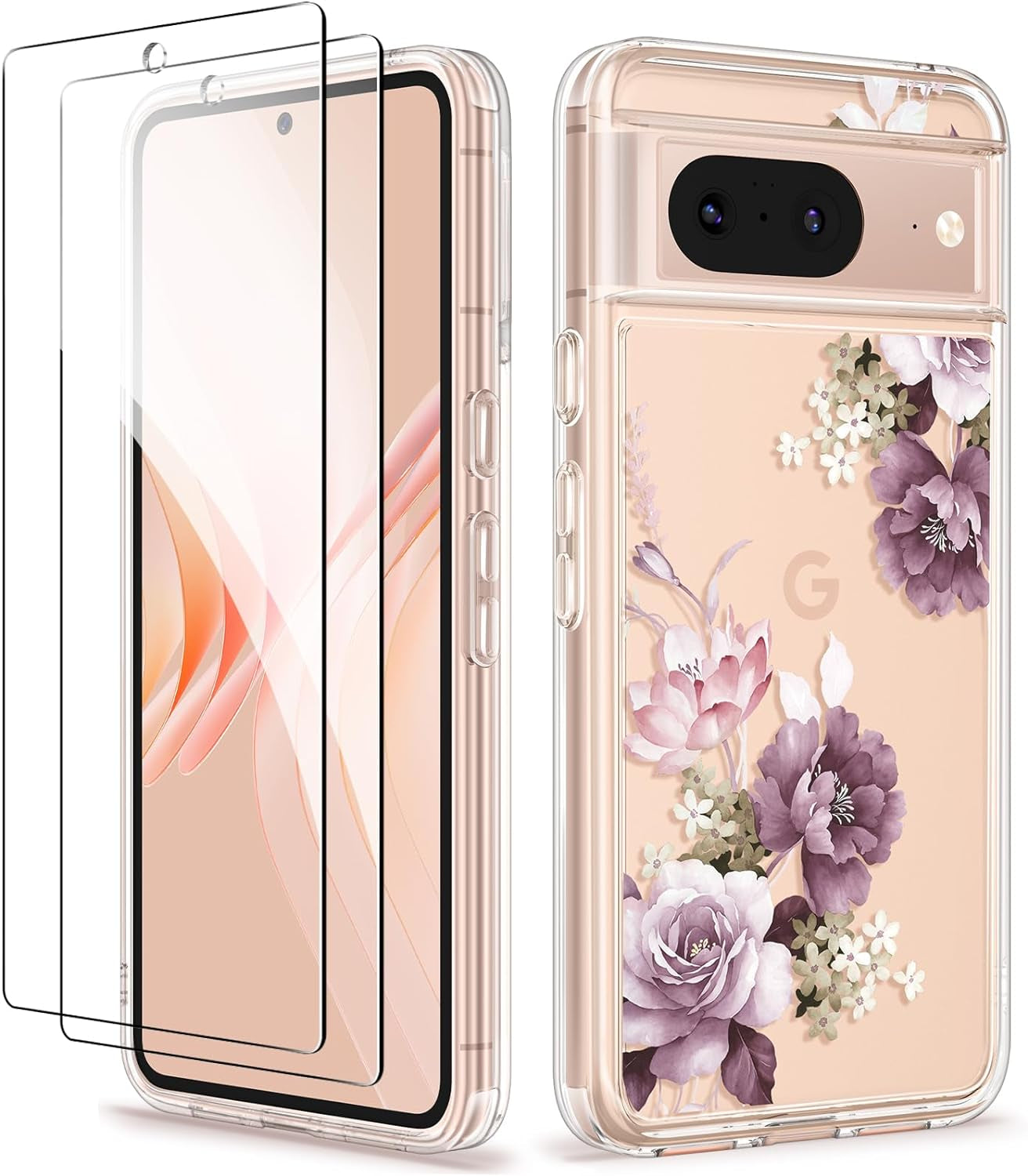 GVIEWIN Compatible with Google Pixel 8 Case with 2X Screen Protector, Clear Floral Slim Shockproof Protective Hard PC+TPU Bumper Flower Women Phone Case Cover 6.2'' 2023 (Alluring Butterfly/Purple)  GVIEWIN Cherry Blossoms/Purple For Google Pixel 8 (6.2-Inches, 2023) 
