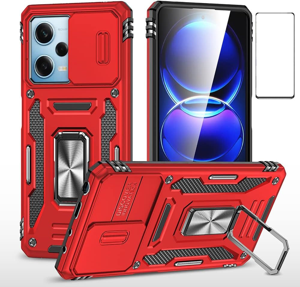 WVOZWWO for Xiaomi Redmi Note 12 Pro 5G/Poco X5 Pro 5G Case with Screen Protector, Protective Cover with Camera Protector Thin Kickstand Military Phone Case for Xiaomi Redmi Note 12 Pro 5G (Black)  Grand Eletronics Red  