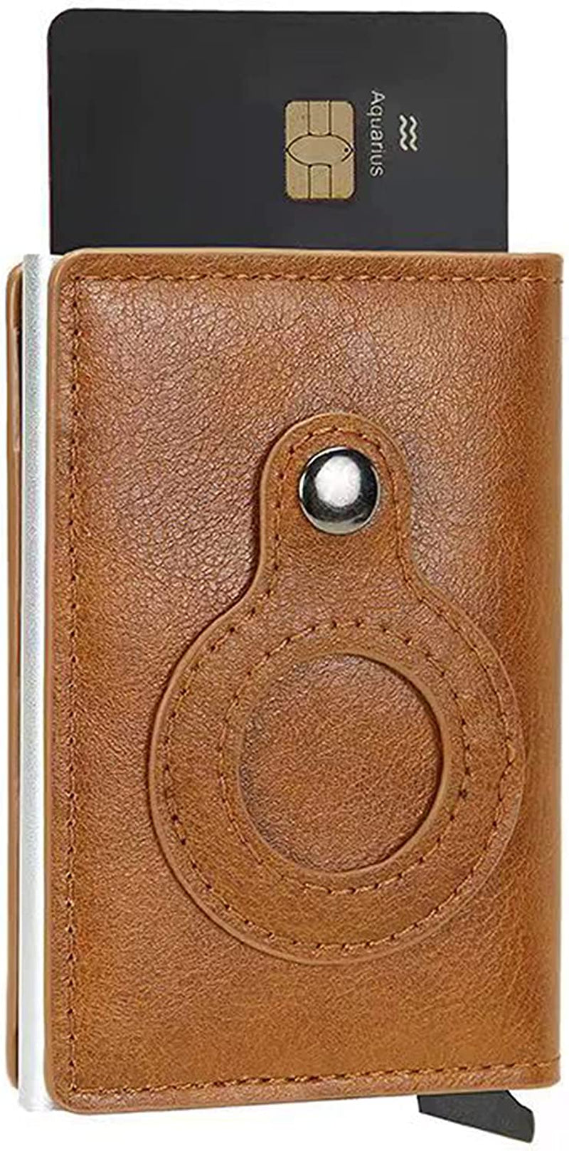 Wallet Case Card Holder with Airtag Slim Minimalist Leather Cash Credit Bifold RFID Blocking Men'S Gift Stealth ID Window Aluminum Metal Cards Pop-Up 8 Slots Wallets (Brown)  Creaweal   