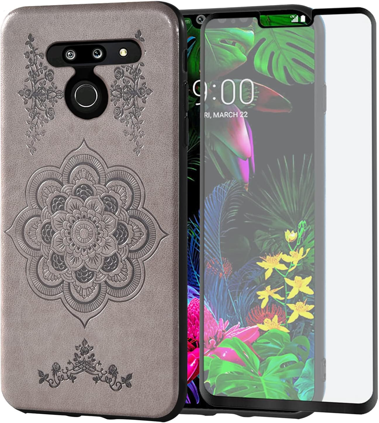 Asuwish Compatible with LG G8 Thinq Case and Tempered Glass Screen Protector Thin Slim Soft TPU Flower Rugged Leather Film Cell Phone Cover for LGG8 Thin Q G 8 LG8 G8Thinq Lgg8Thinq 8G Women Men Blue  Asuwish Gray For Lg G8 Thinq / G8 